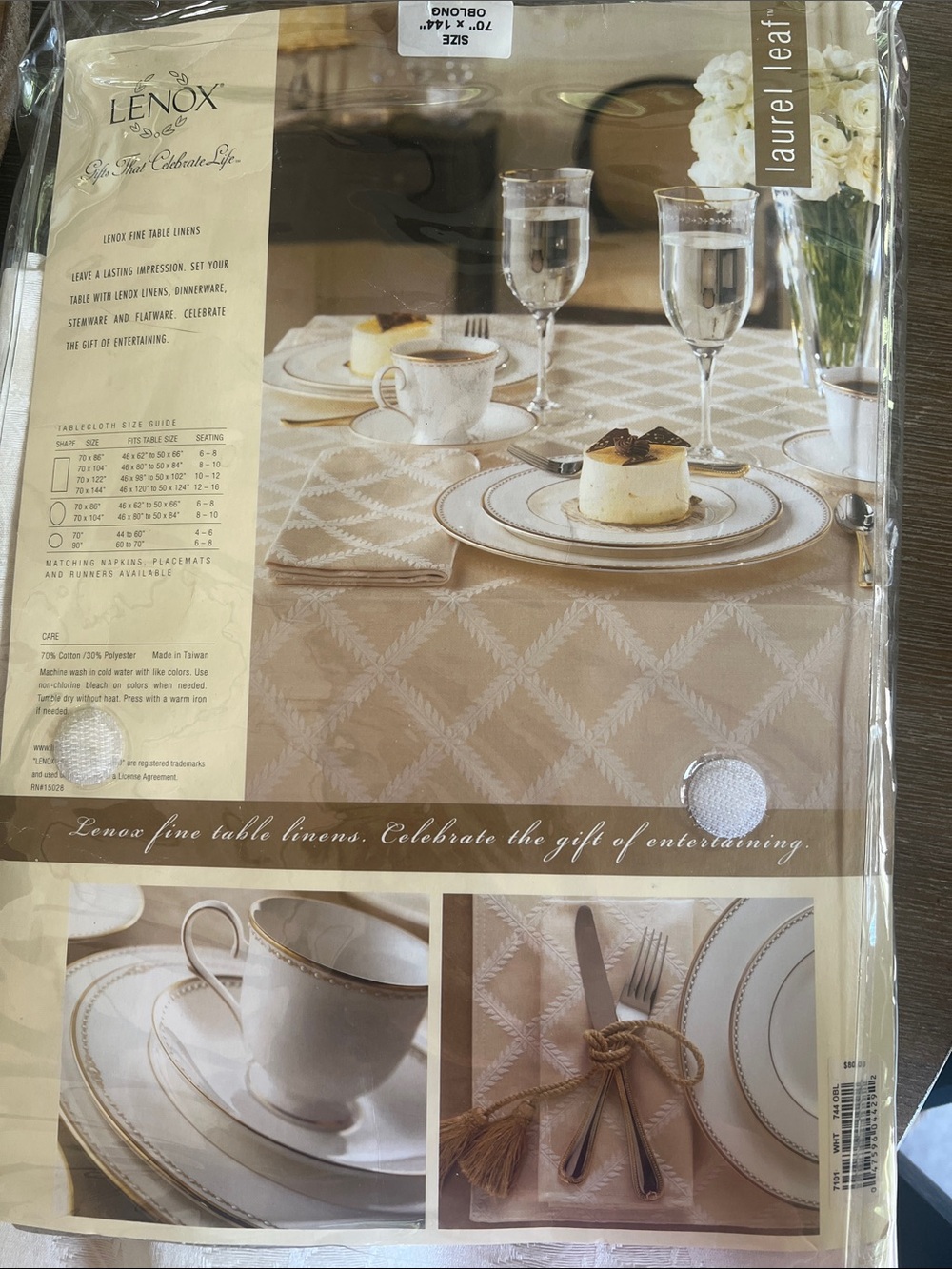 70x144 Oblong NEW IN PKG Lenox Laurel Leaf Tablecloth in Beige/Cream. Sheen.